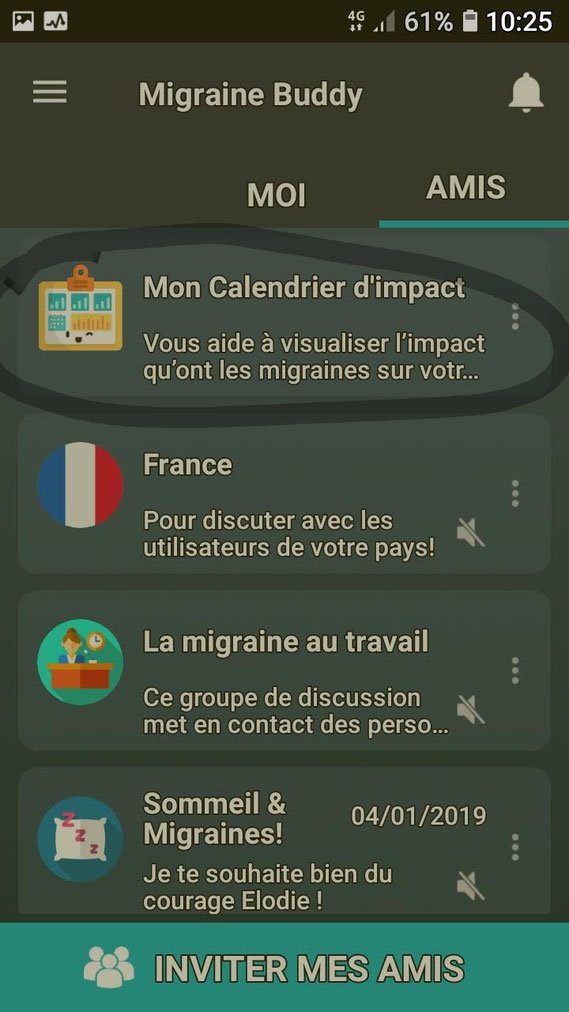 Capture d'écran Application BUDDY gestion migraine