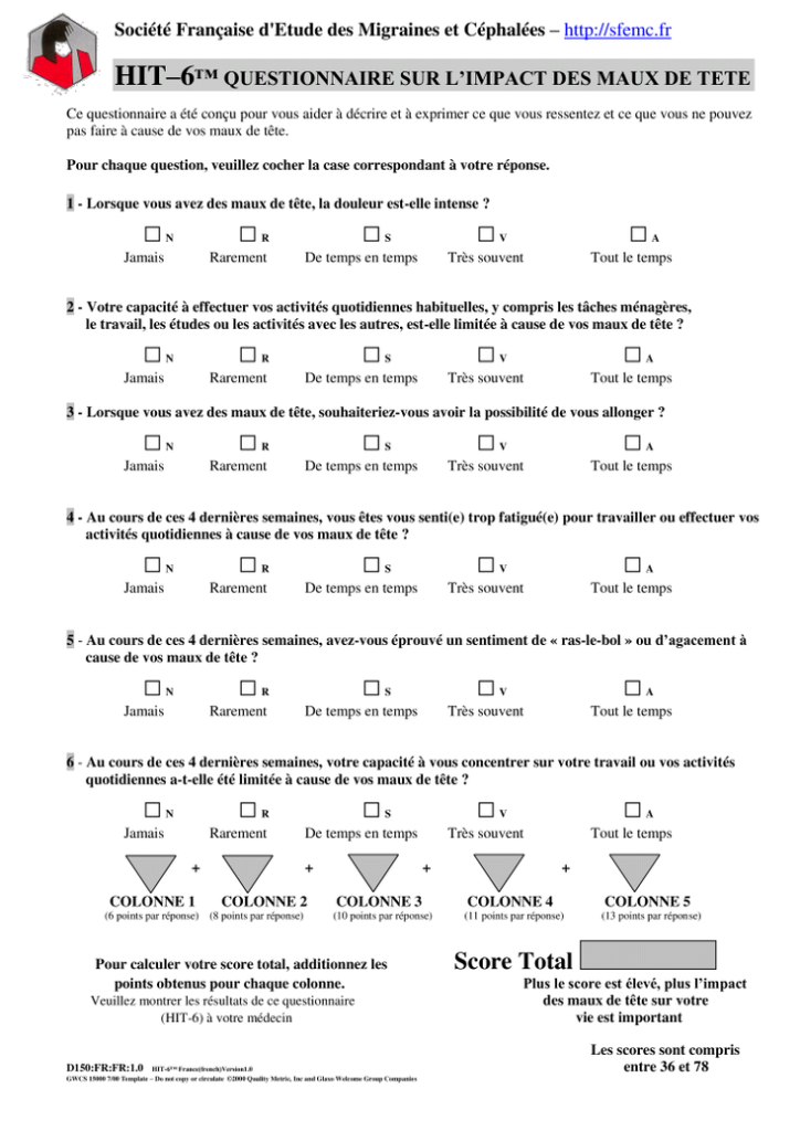 Questionnaire SFEMC impact migraine