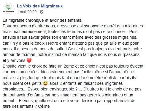 Migraine et enfants, La Voix des Migraineux, témoignage Facebook