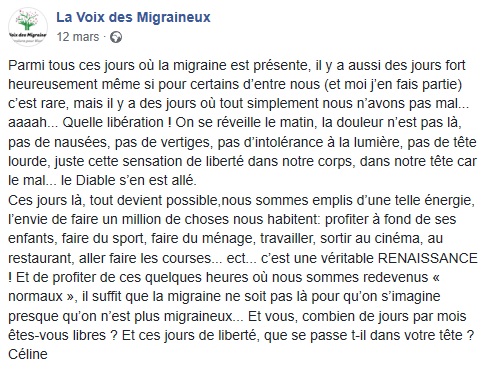 Témoignage Facebook, des jours sans crises, La voix des Migraineux