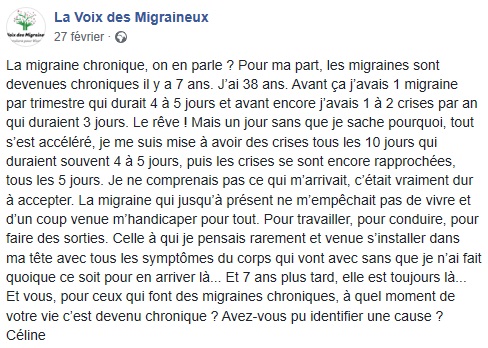 Témoignage Facebook sur la migraine chronique