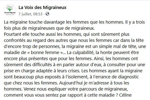 Témoignage Facebook Association la Voix des Migraineux